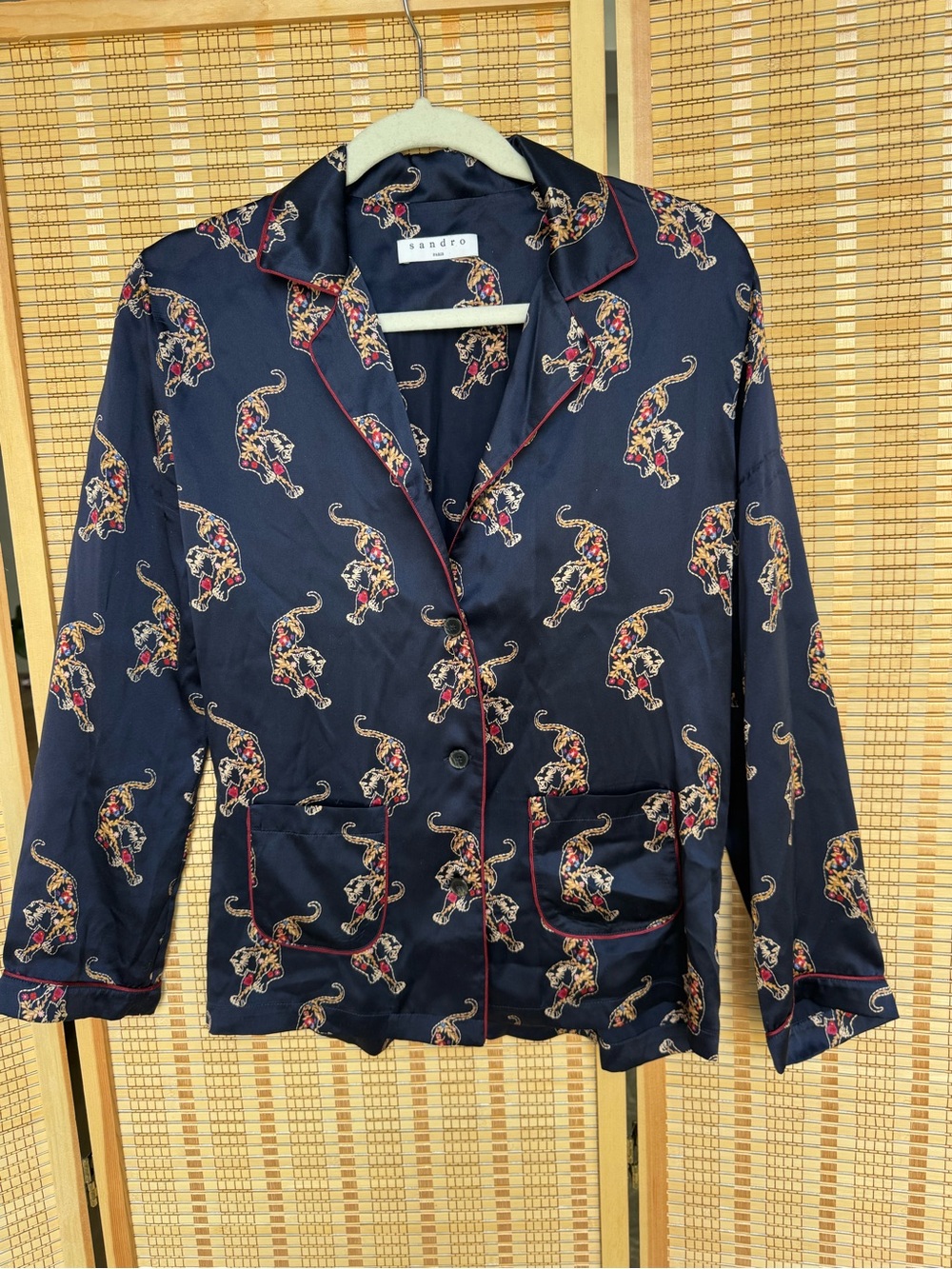 Sandro Navy Satin Leopard-Print Pajama Jacket with Red Trim